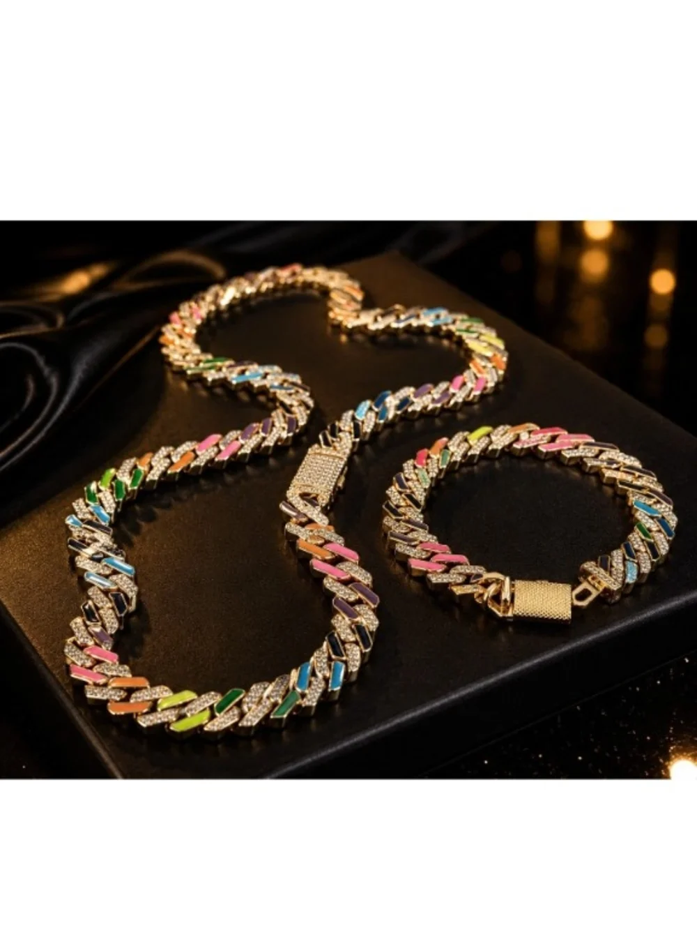 Men's Multicolor Cuban Link Necklace & Bracelet Set - Fashion Jewelry